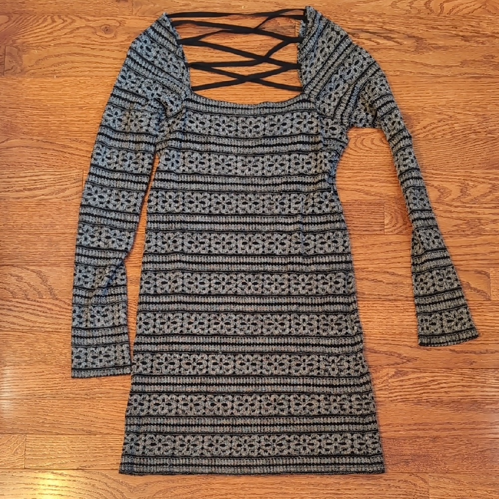 Free People Black and Gray Patterned Long Sleeve Dress